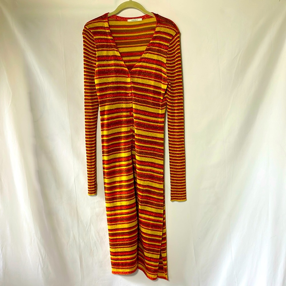 Orange, yellow and brown striped Metallic lurex long-sleeve duster cardigan